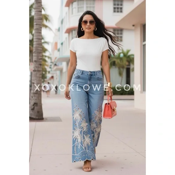Oli & Hali Palm Tree Eyelet Embroidered Wide Leg Jeans | Mineral Wash Denim - Picture 4 of 8